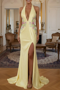 Halter Neck Glitter Mermaid Evening Dress | Floral Applique Prom Gown with Slit