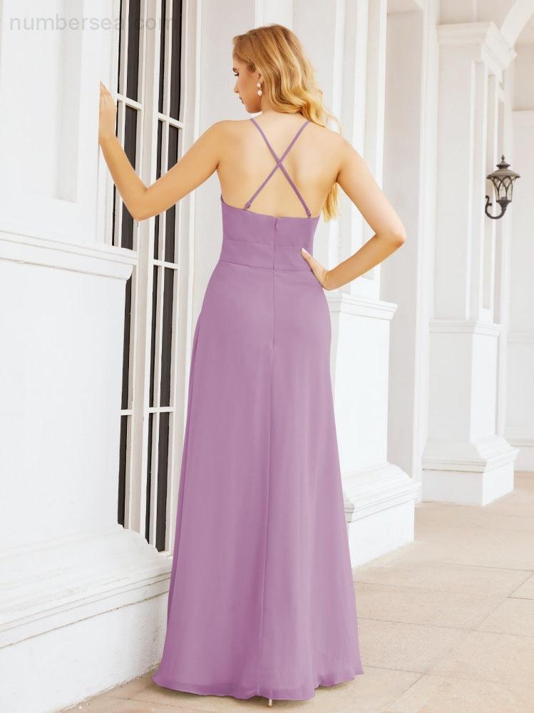 Halter Bridesmaid Dresses with Pockets Sleeveless Formal Evening Party Prom Gowns  28055