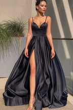 A-line Sleek Black Spaghetti Straps Long  Prom Dress with Slit and Ruffle