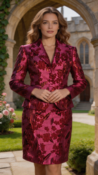 Burgundy Floral Jacquard Skirt Suit With Tailored Blazer And Pencil Skirt Set