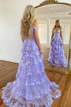 A Line Off the Shoulder Corset Prom Dress with Lace Ruffles