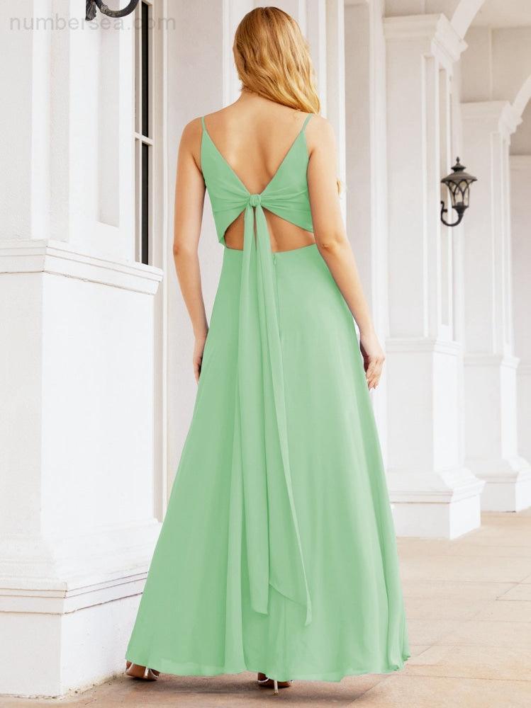 Spaghetti Strap Bridesmaid Dresses V Neck Butterfly Back Fromal Evening Party Prom Gown 28036