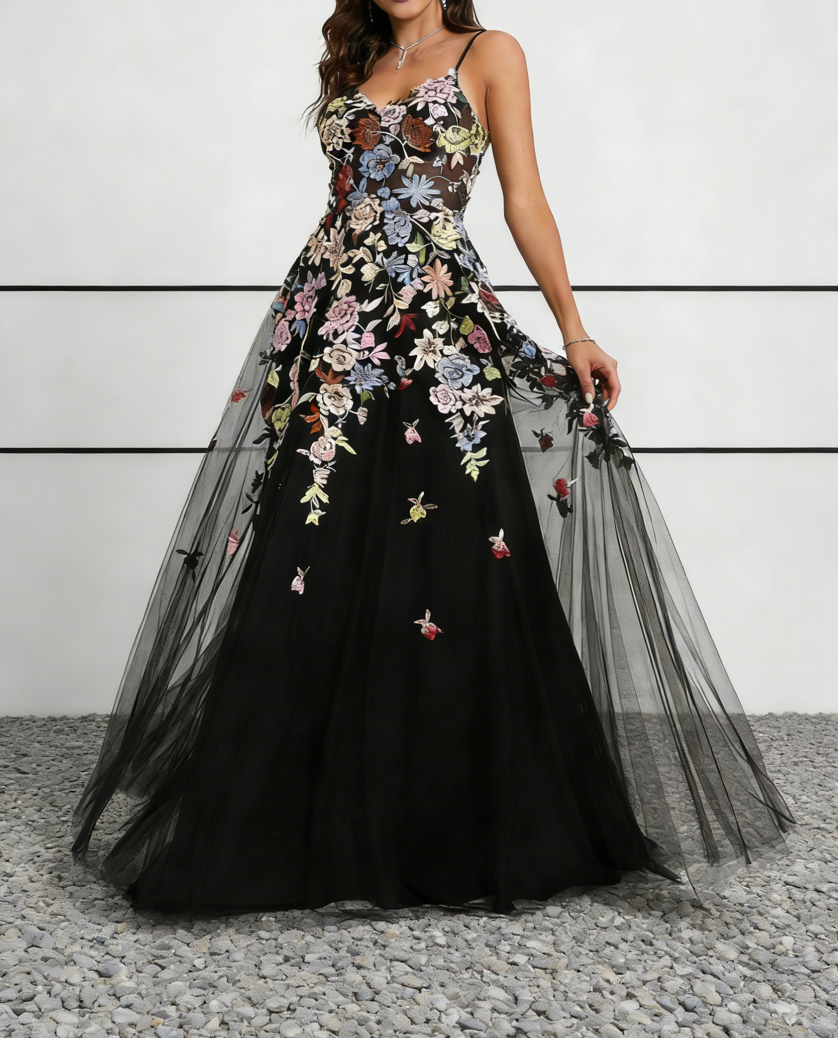 Black Tulle 3D Floral Appliqué Maxi Dress with Spaghetti Straps & Sweetheart Neck