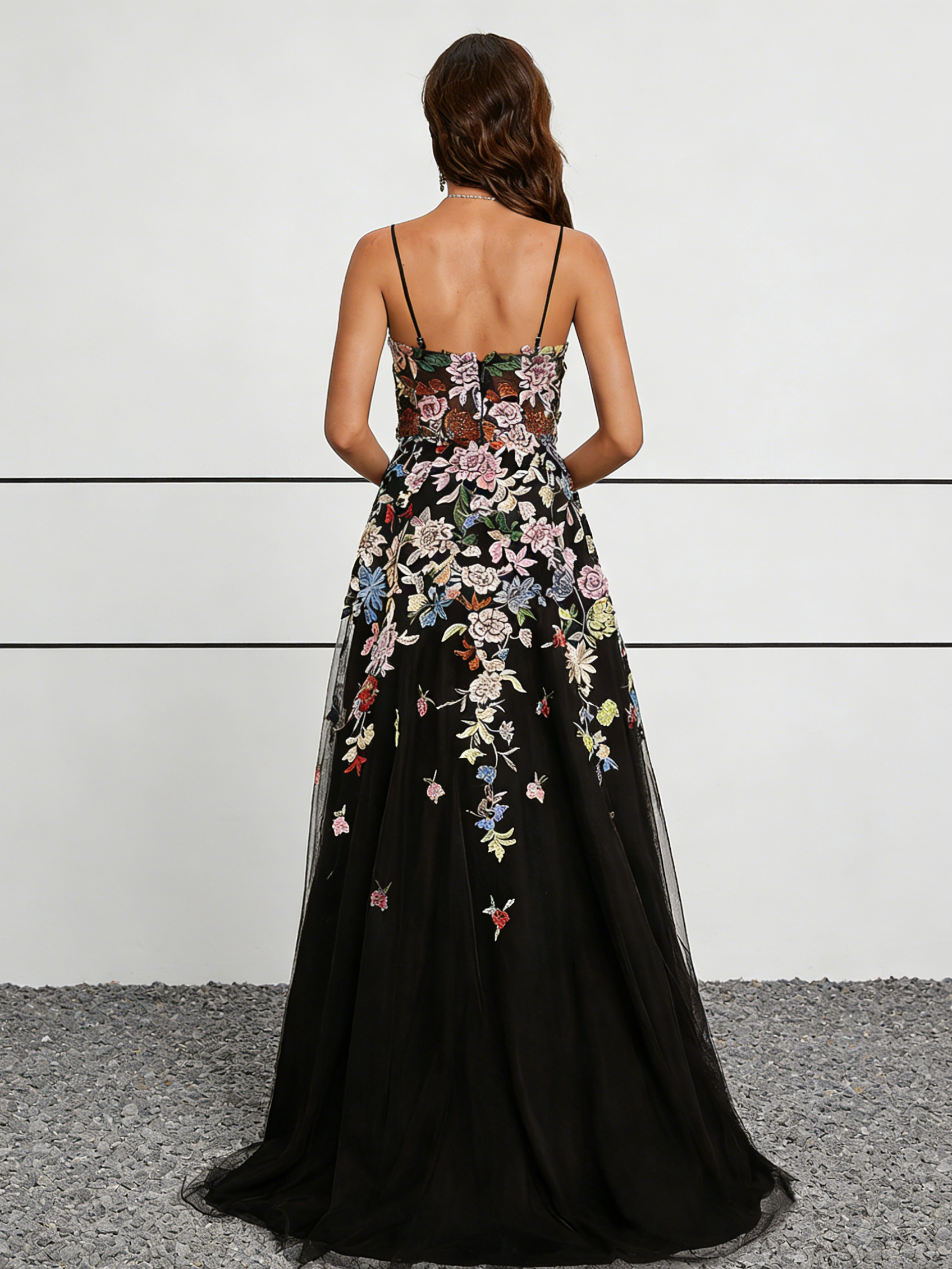 Black Tulle 3D Floral Appliqué Maxi Dress with Spaghetti Straps & Sweetheart Neck