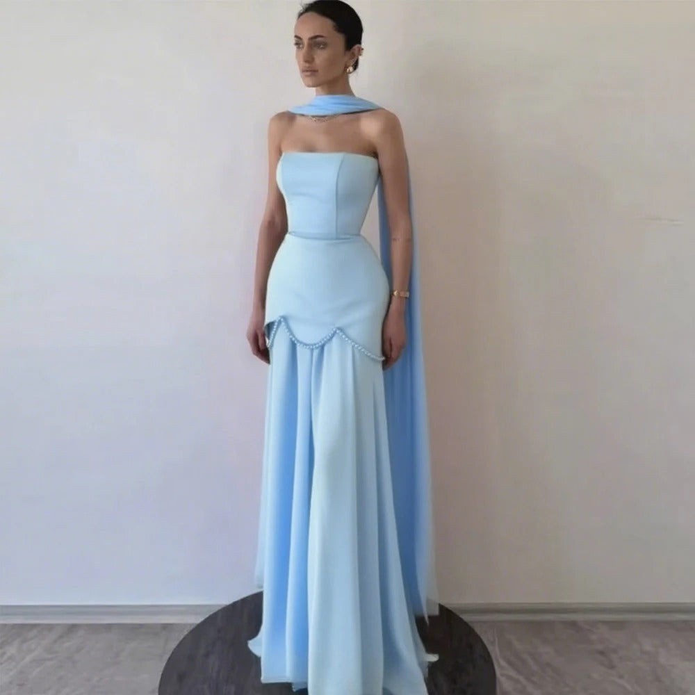 Red Elegant Women Evening Dresses Strapless Pearls Luxury Women Party Gown Customized Formal Occasion Gown for Lady