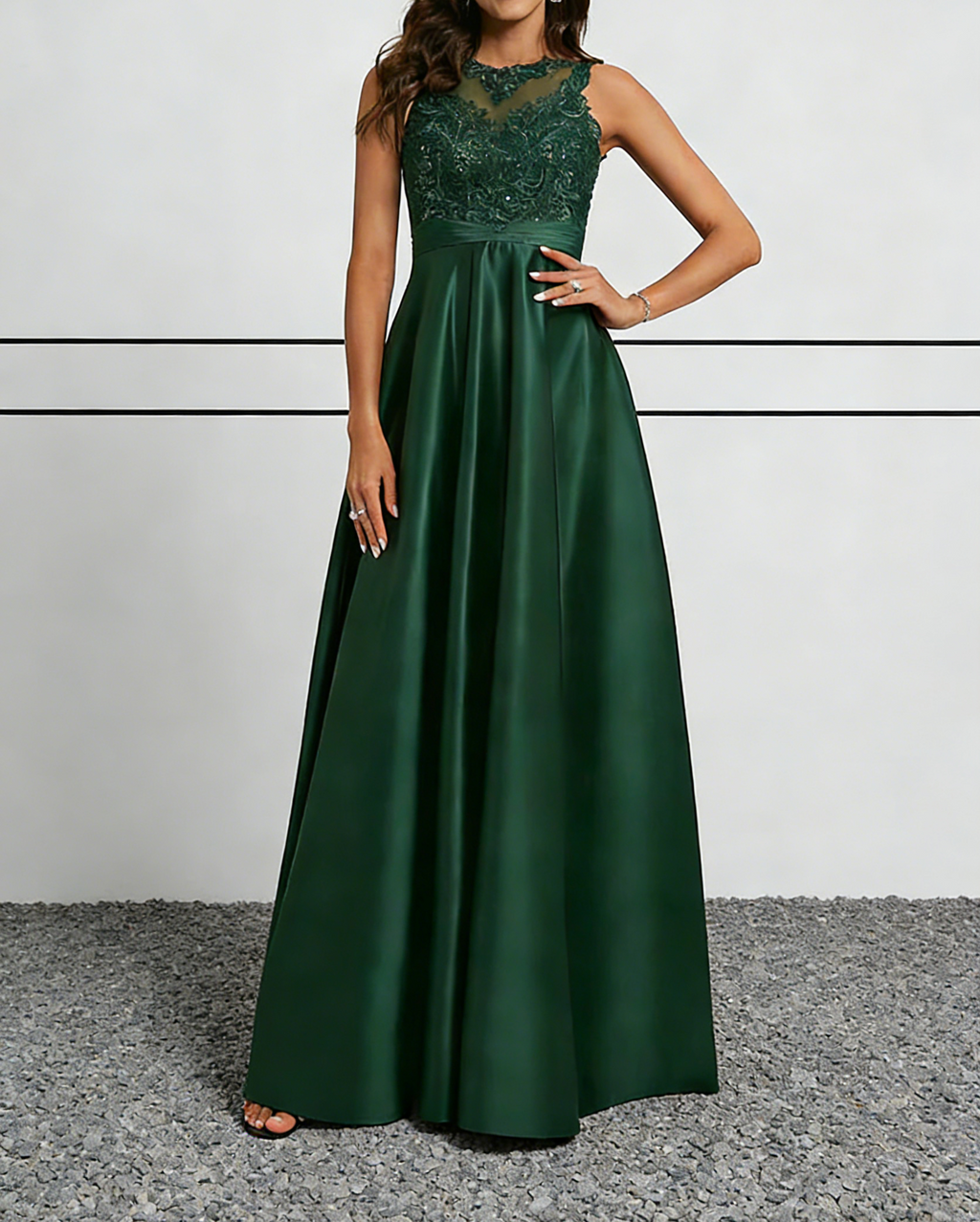 Emerald Green Satin & Lace Halter Maxi Dress with Illusion Neckline