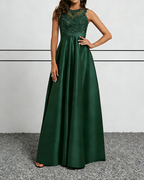 Emerald Green Satin & Lace Halter Maxi Dress with Illusion Neckline