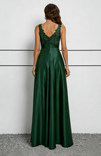 Emerald Green Satin & Lace Halter Maxi Dress with Illusion Neckline