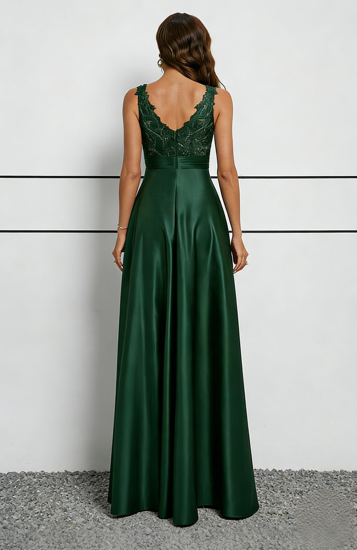 Emerald Green Satin & Lace Halter Maxi Dress with Illusion Neckline