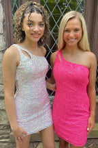 Sparkly Bodycon One Shoulder Sequins Short Homecoming Dress with Keyhole