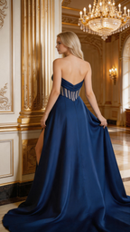 Navy Blue Strapless Corset Gown With Beaded Bodice And High Slit Train