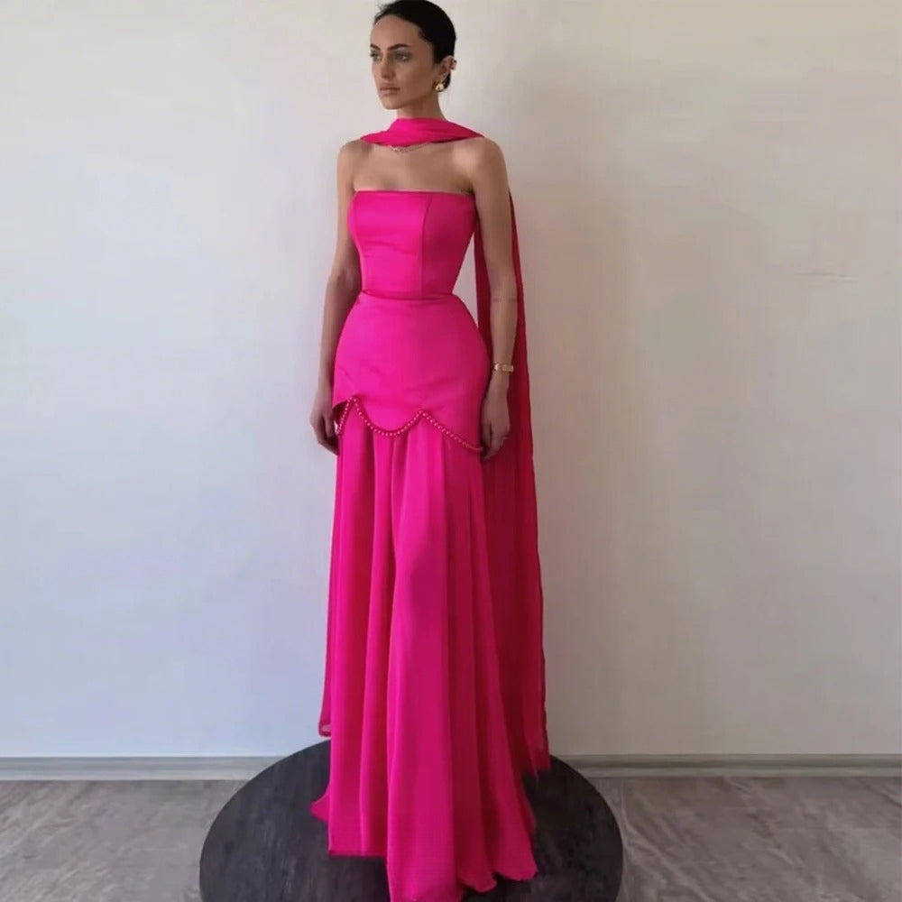 Red Elegant Women Evening Dresses Strapless Pearls Luxury Women Party Gown Customized Formal Occasion Gown for Lady