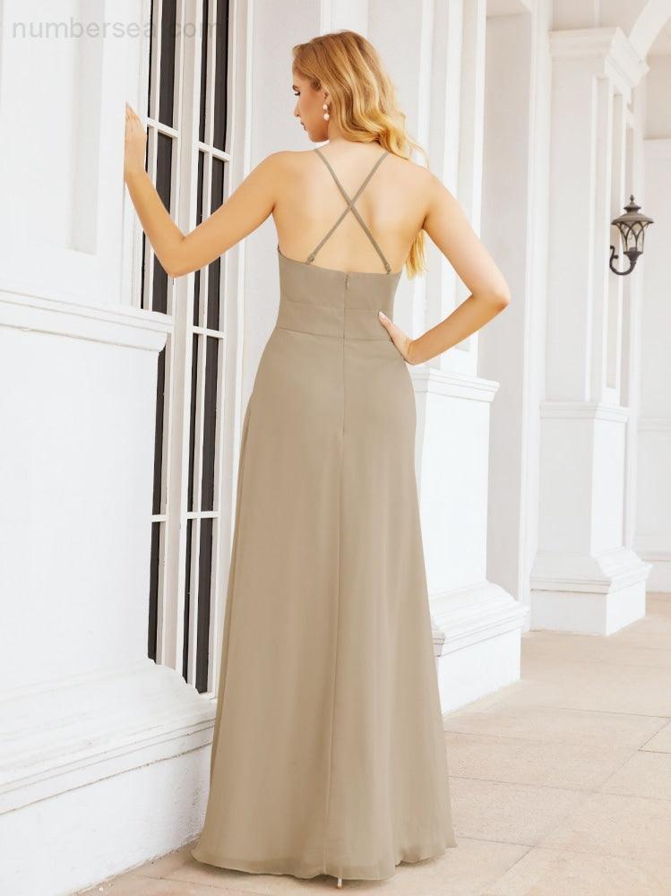 Halter Bridesmaid Dresses with Pockets Sleeveless Formal Evening Party Prom Gowns  28055