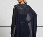 Navy Blue Chiffon & Sequin Lace Gown with Cape Sleeves & Cutout Neckline