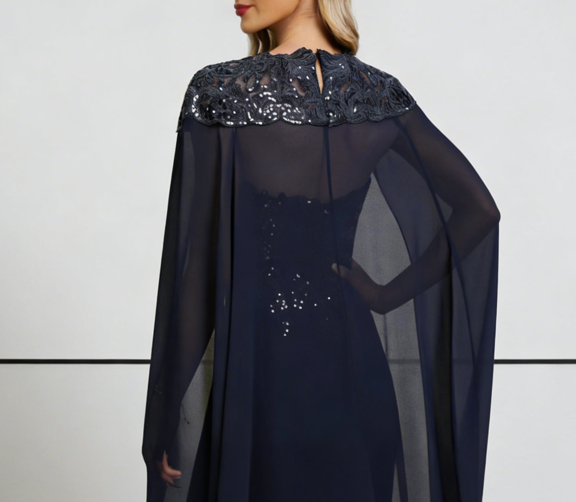 Navy Blue Chiffon & Sequin Lace Gown with Cape Sleeves & Cutout Neckline