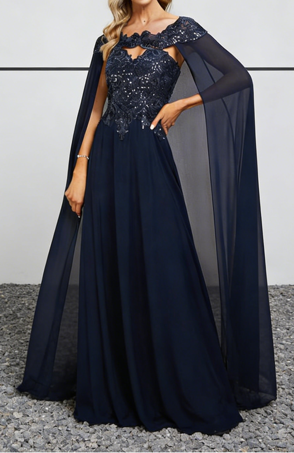 Navy Blue Chiffon & Sequin Lace Gown with Cape Sleeves & Cutout Neckline