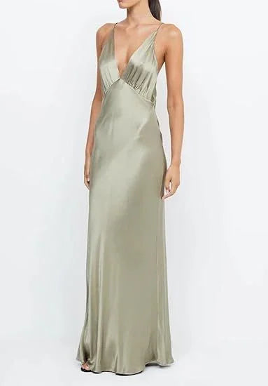 Sexy V Neck Yellow Satin Evening Dress Long Prom Dress Y7882