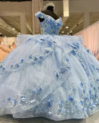 Gorgeous Blue Off The Shoulder Tulle Appliques Ball Gown Birthday Quinceanera Dress Y7835