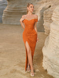 Evening Dress Elegant Sequined Off Shoulder Split Tube Top Dress