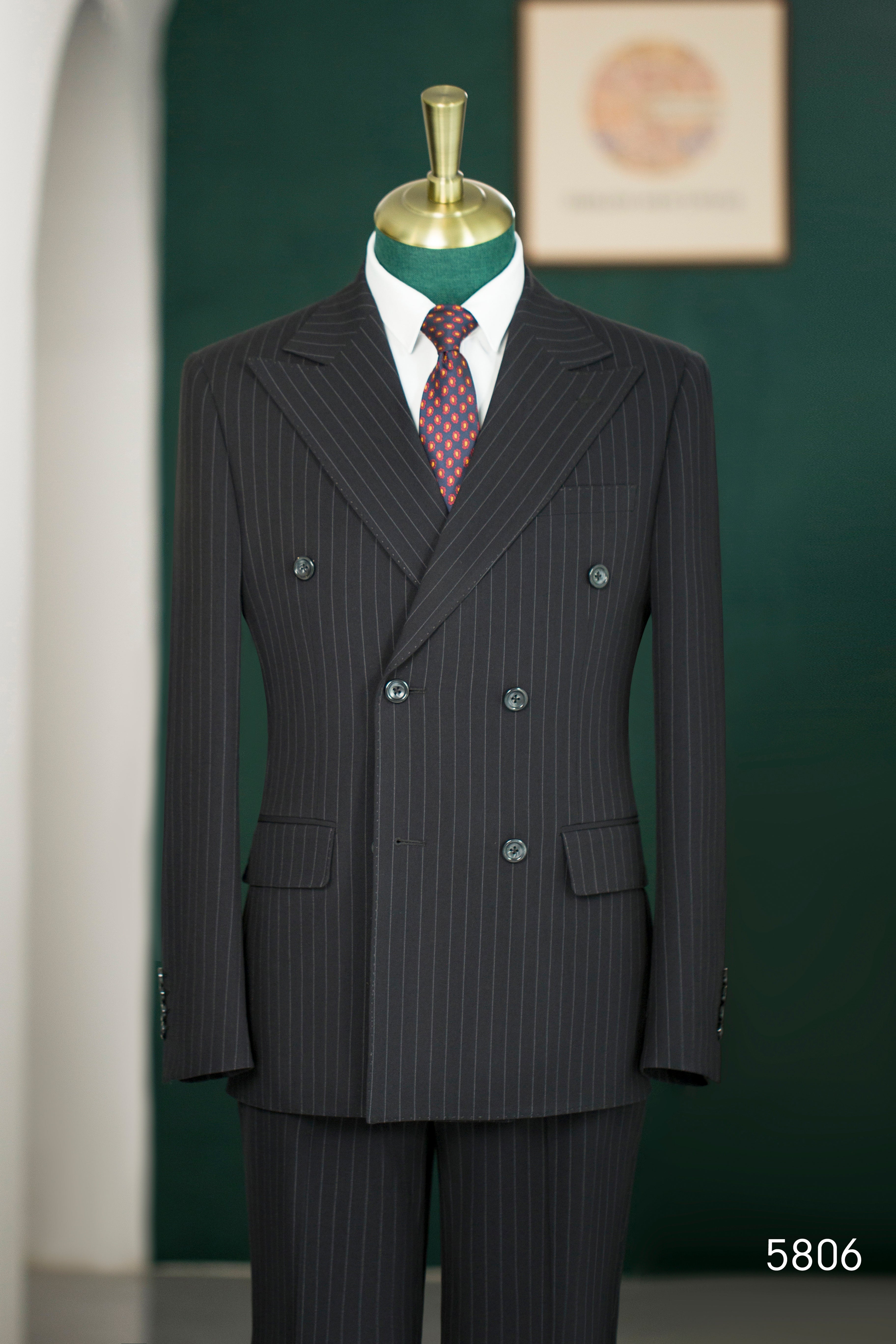 Black Pinstripe Wool 3Piece Double Breasted Wedding Suit For Groom Groomsmen