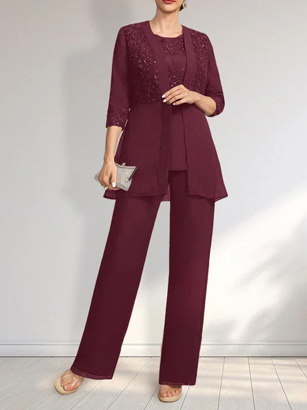 Jumpsuit/Pantsuit Separates Scoop Floor-Length Chiffon Lace Mother of the Bride Dress With Sequins
