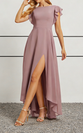 Dusty Rose Chiffon Boat Neck High-Low Midi Dress with Flutter Sleeves & V-Back