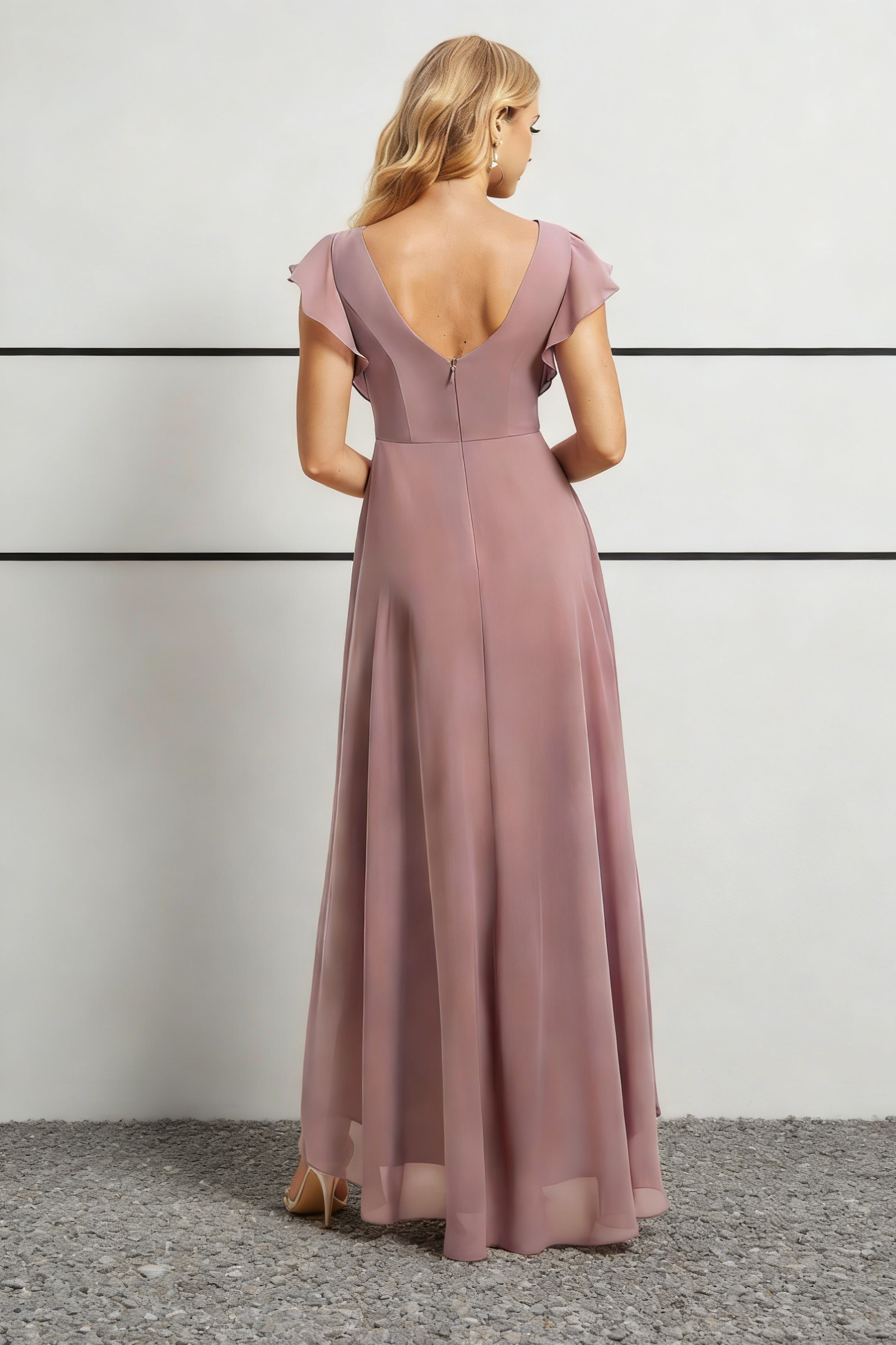 Dusty Rose Chiffon Boat Neck High-Low Midi Dress with Flutter Sleeves & V-Back