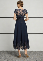 Navy Blue Chiffon & Sequin Lace Midi Dress with Illusion Neck & Scalloped Hem
