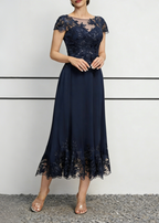 Navy Blue Chiffon & Sequin Lace Midi Dress with Illusion Neck & Scalloped Hem