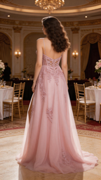 Blush Pink Lace Corset Evening Gown Off Shoulder Tulle Dress With Slit And Train