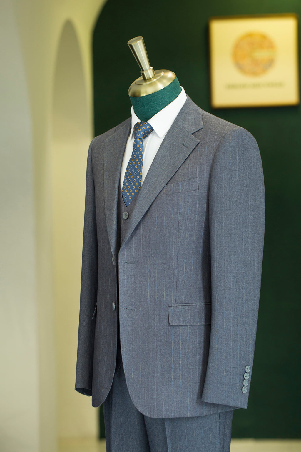 Three Piece Subtle Pinstripe Grey Wool Suit For Formal Groom And Business