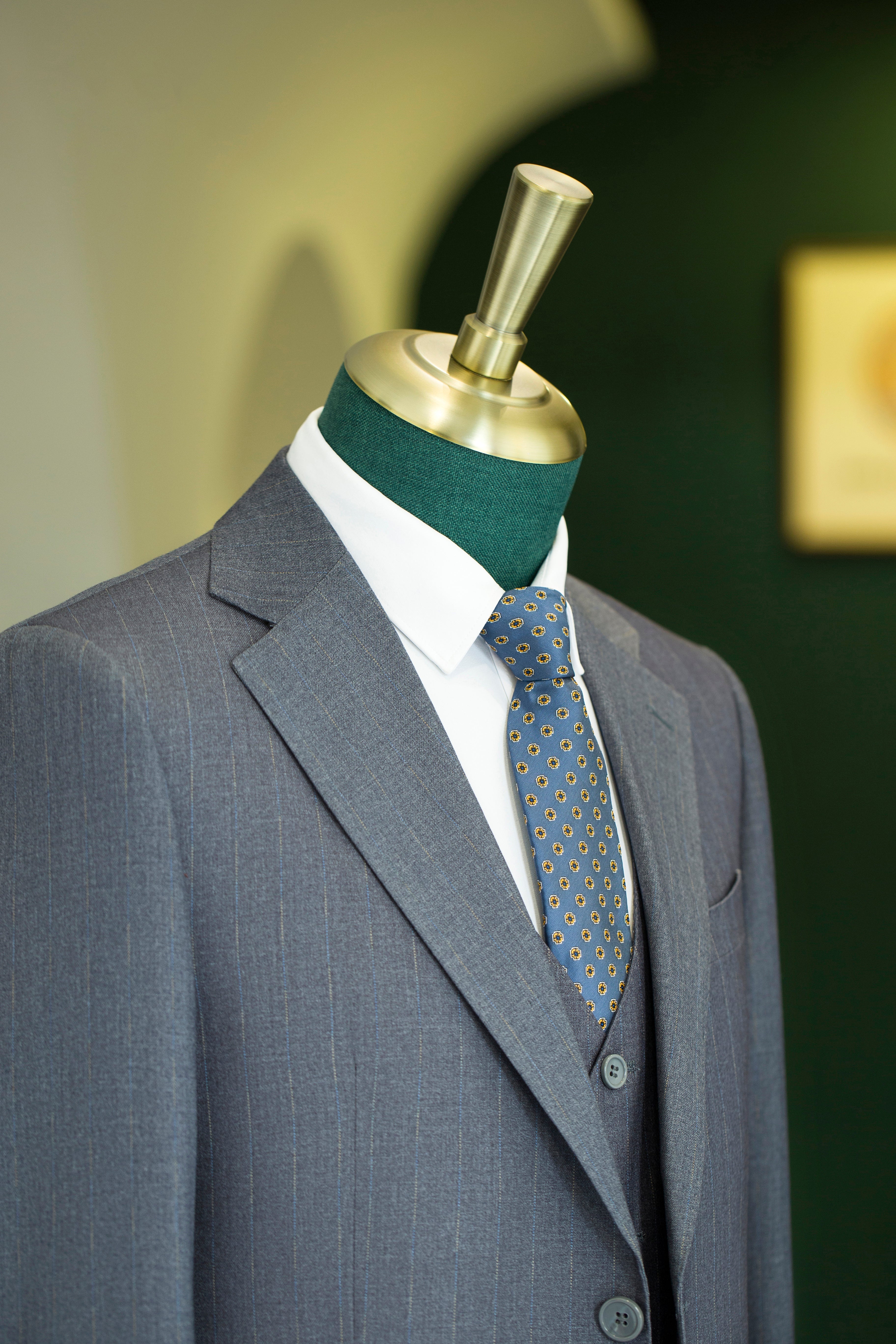 Three Piece Subtle Pinstripe Grey Wool Suit For Formal Groom And Business