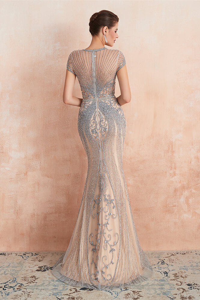 Glamorous Mermaid Beadings Long Prom Dress With Short Sleeves
