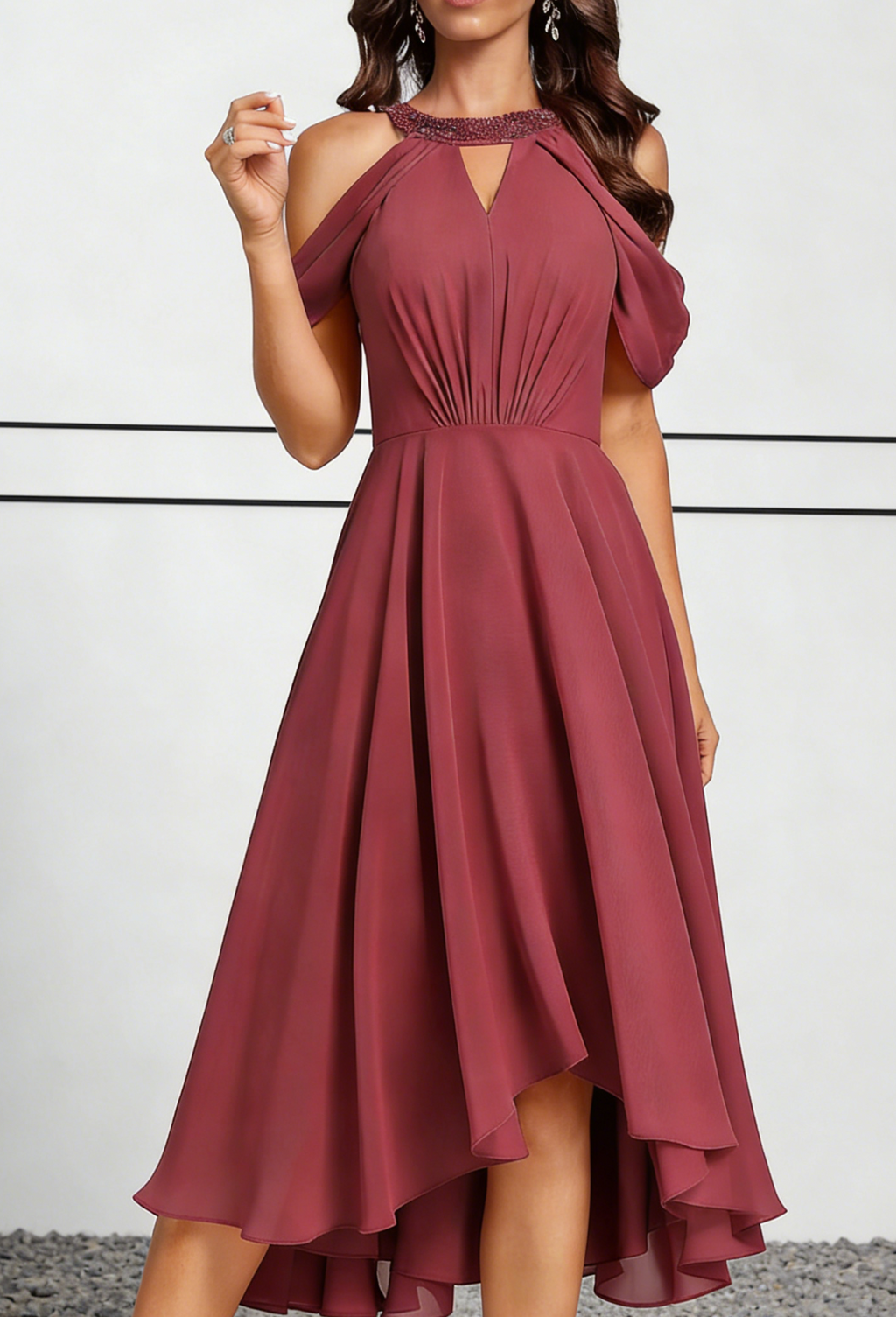 Burgundy Chiffon Cold-Shoulder Midi Dress with Beaded Halter Neck & High-Low Hem