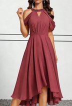 Burgundy Chiffon Cold-Shoulder Midi Dress with Beaded Halter Neck & High-Low Hem