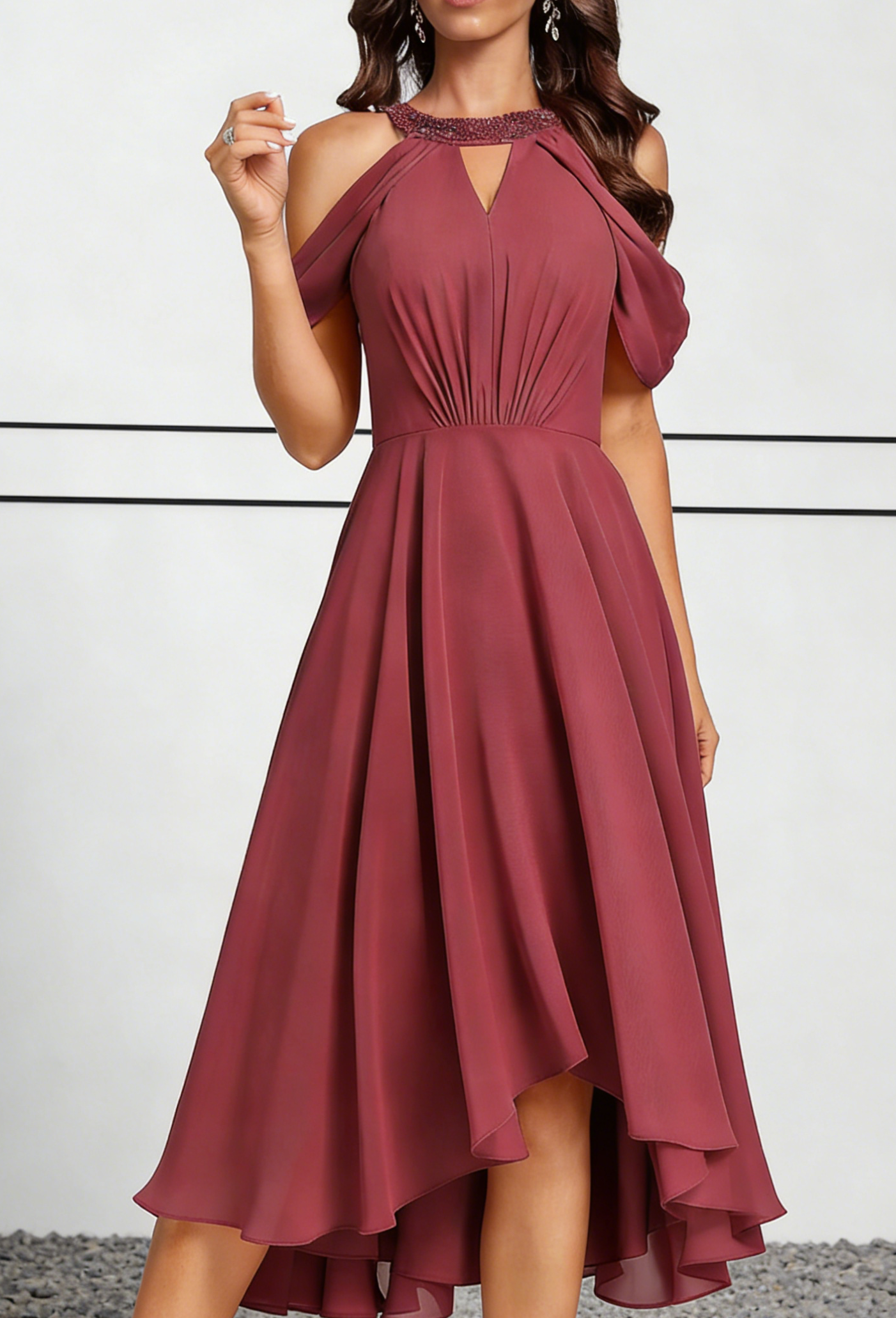 Burgundy Chiffon Cold-Shoulder Midi Dress with Beaded Halter Neck & High-Low Hem