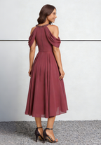 Burgundy Chiffon Cold-Shoulder Midi Dress with Beaded Halter Neck & High-Low Hem