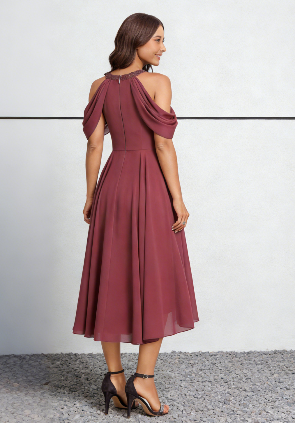 Burgundy Chiffon Cold-Shoulder Midi Dress with Beaded Halter Neck & High-Low Hem