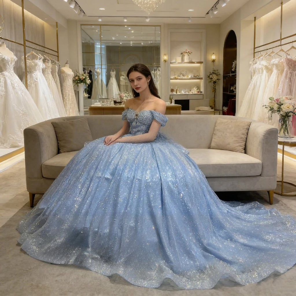 Real Picture Sky Blue Cap Sleeve Pearls Tiered Ball Gown Tulle Shinny Women Prom Party Occasion Wear Quinceanera 15 Customized