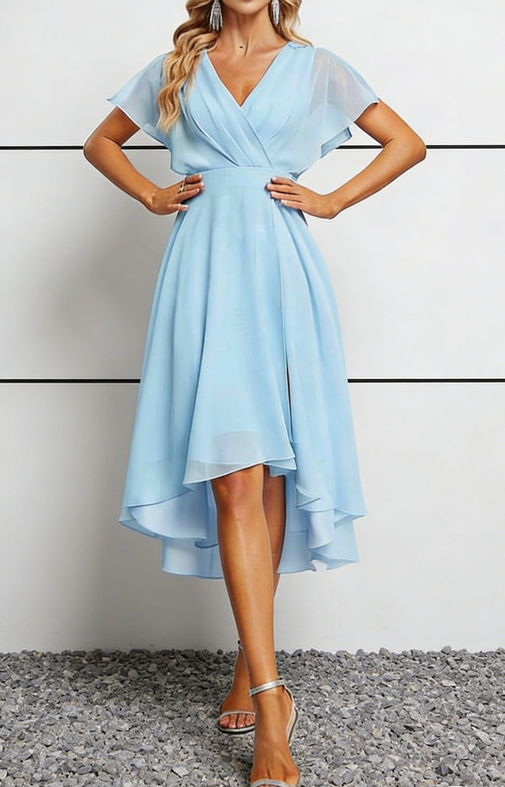 Sky Blue Chiffon V-Neck High-Low Midi Dress with Flutter Sleeves
