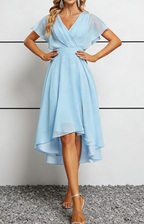 Sky Blue Chiffon V-Neck High-Low Midi Dress with Flutter Sleeves