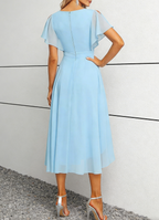Sky Blue Chiffon V-Neck High-Low Midi Dress with Flutter Sleeves