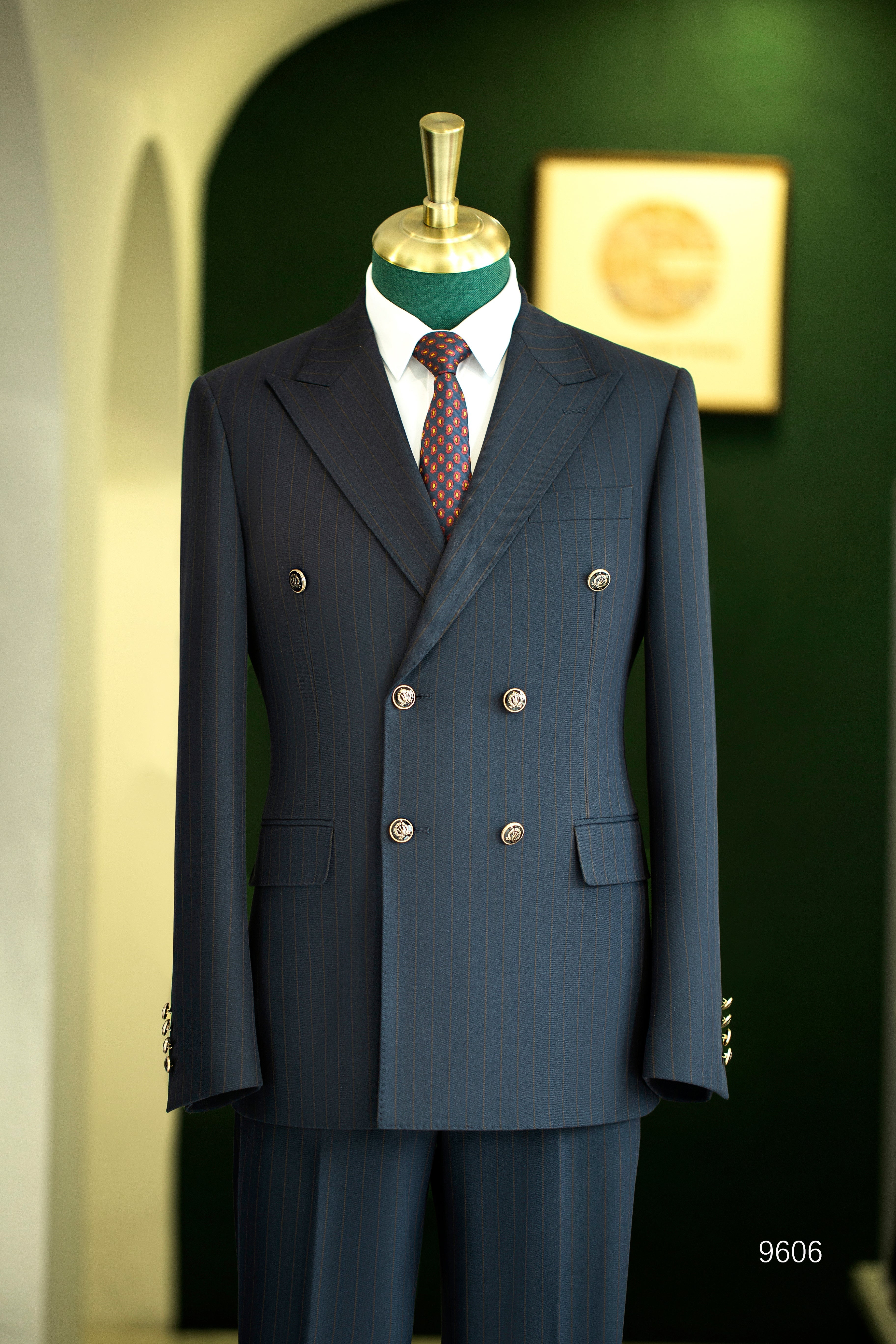 Navy Pinstripe Wool Double Breasted Suit Tailored For Formal Groom And Business
