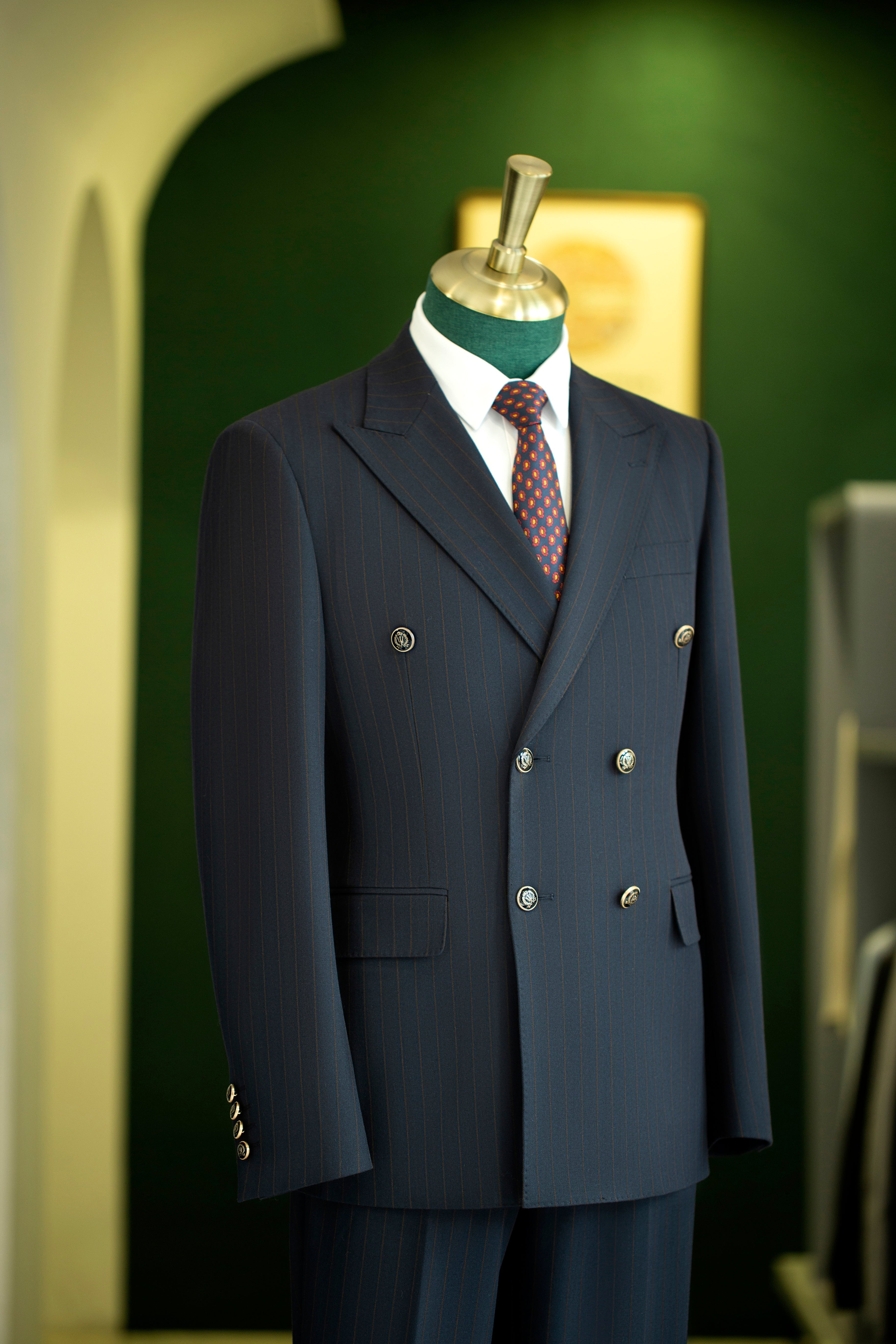 Navy Pinstripe Wool Double Breasted Suit Tailored For Formal Groom And Business
