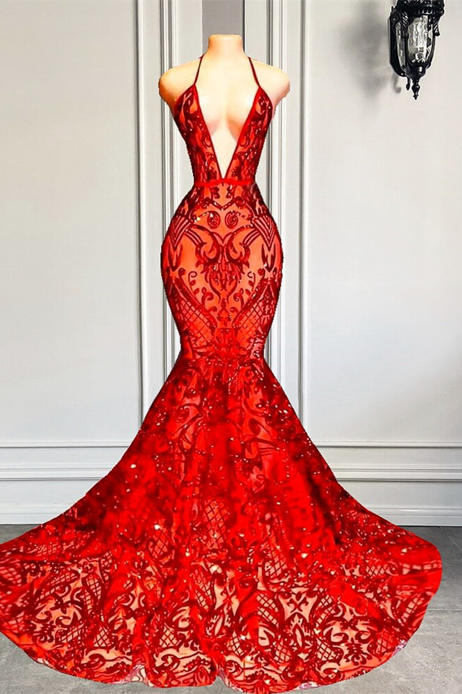 Halter Deep V Neck Open Back Sexy Lace Mermaid Prom Gown