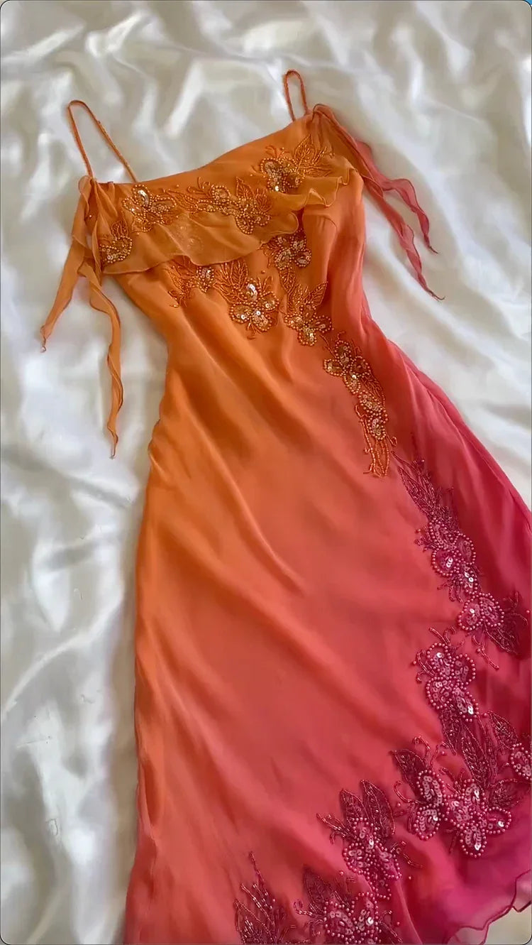 Classy Spaghetti Straps Ombre Orange Chiffon Beaded Prom Dress Evening Gown Y8304