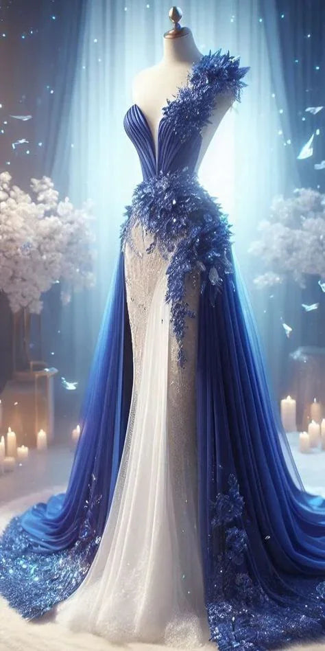 Dream One Shoulder Blue Tulle Lace Satin Beaded Prom Dress Long Mermaid Evening Dress Y8335