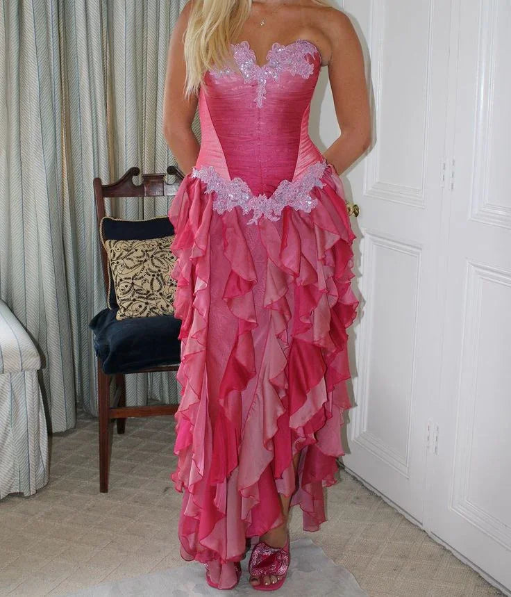 Vintage Hot Pink Lace Chiffon Ruffles Evening Dress Strapless Prom Dress Y8252