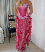 Vintage Hot Pink Lace Chiffon Ruffles Evening Dress Strapless Prom Dress Y8252