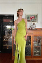 Elegant Green Sheath One Shoulder Long Party Prom Dress With Slit Backless Evening Dress Y8550